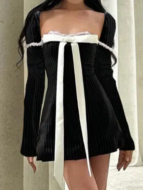 French Square Neck Bow Lace Up Pinstripe Mini Dress